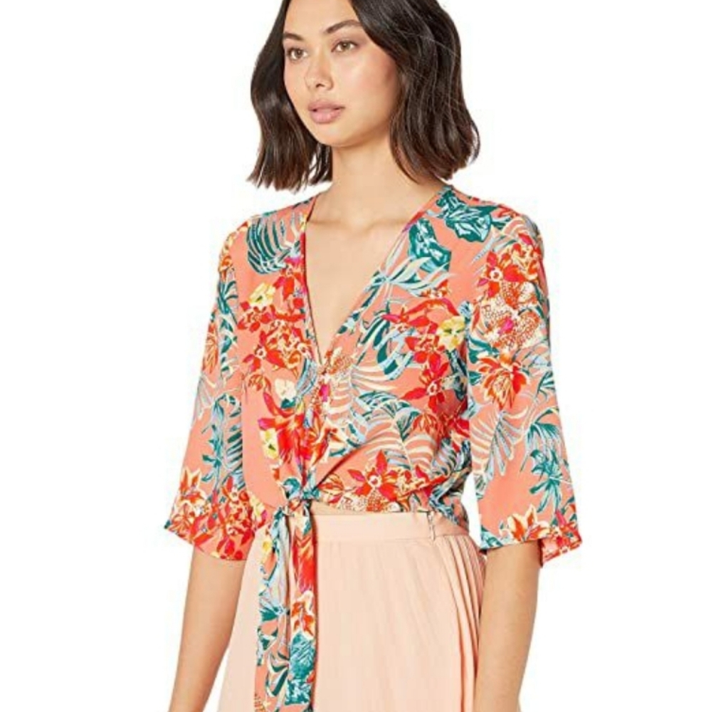 BCBGMAXAZARIA Peach Tropical Tie Front Crop Top